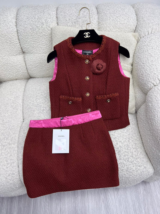 C 24 Retro Caramel Tweed Vest + Skirt Set (Advanced Hand-Spun Series)