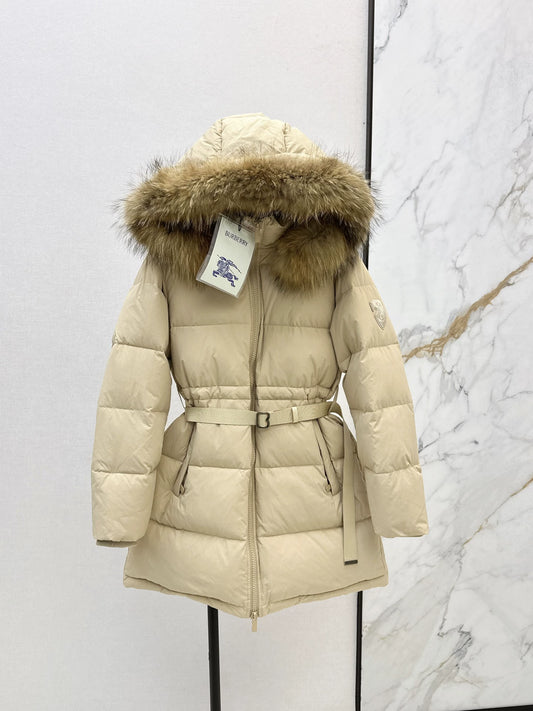 Bru 25 Waist waistband long down jacket ,raccoon fur collar(BLACK/WHITE/KHAKI)