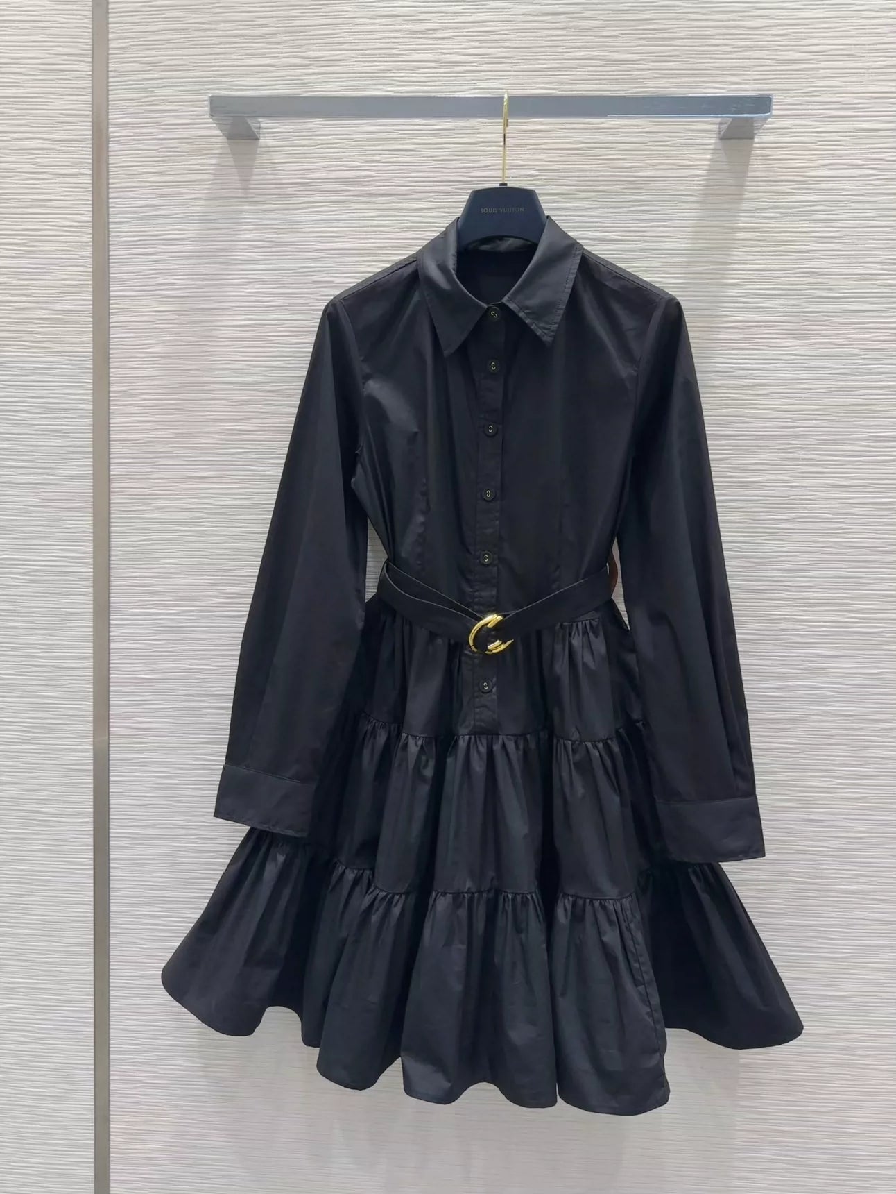 L 25 New Belted Single Breasted Lapel Long Sleeve Dress (Black & White)