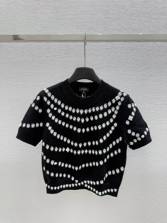 C 25 nouveaux hauts à manches courtes en tricot jacquard perlé à col rond printemps et été