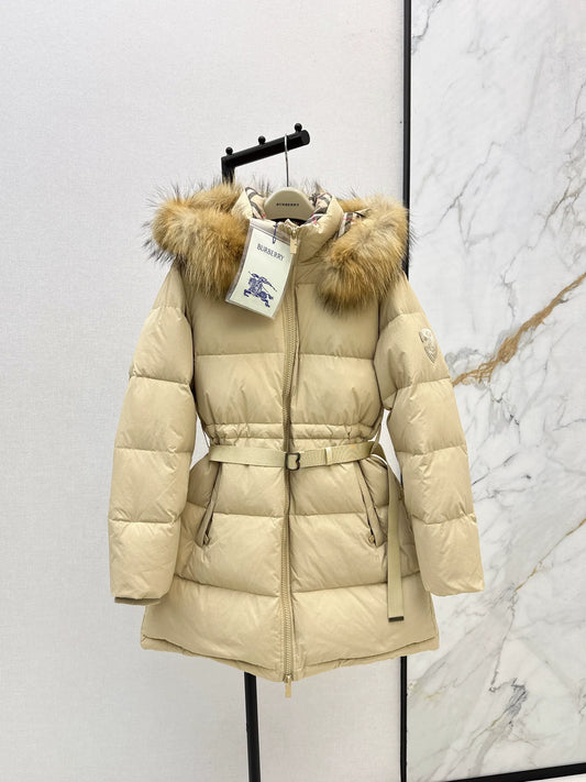 Bru 25 Waist waistband long down jacket ,raccoon fur collar(BLACK/WHITE/KHAKI)