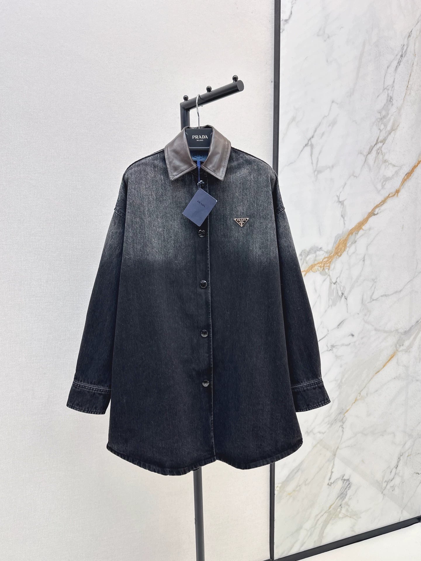 P 25 Long denim jacket and dress with leather lapels