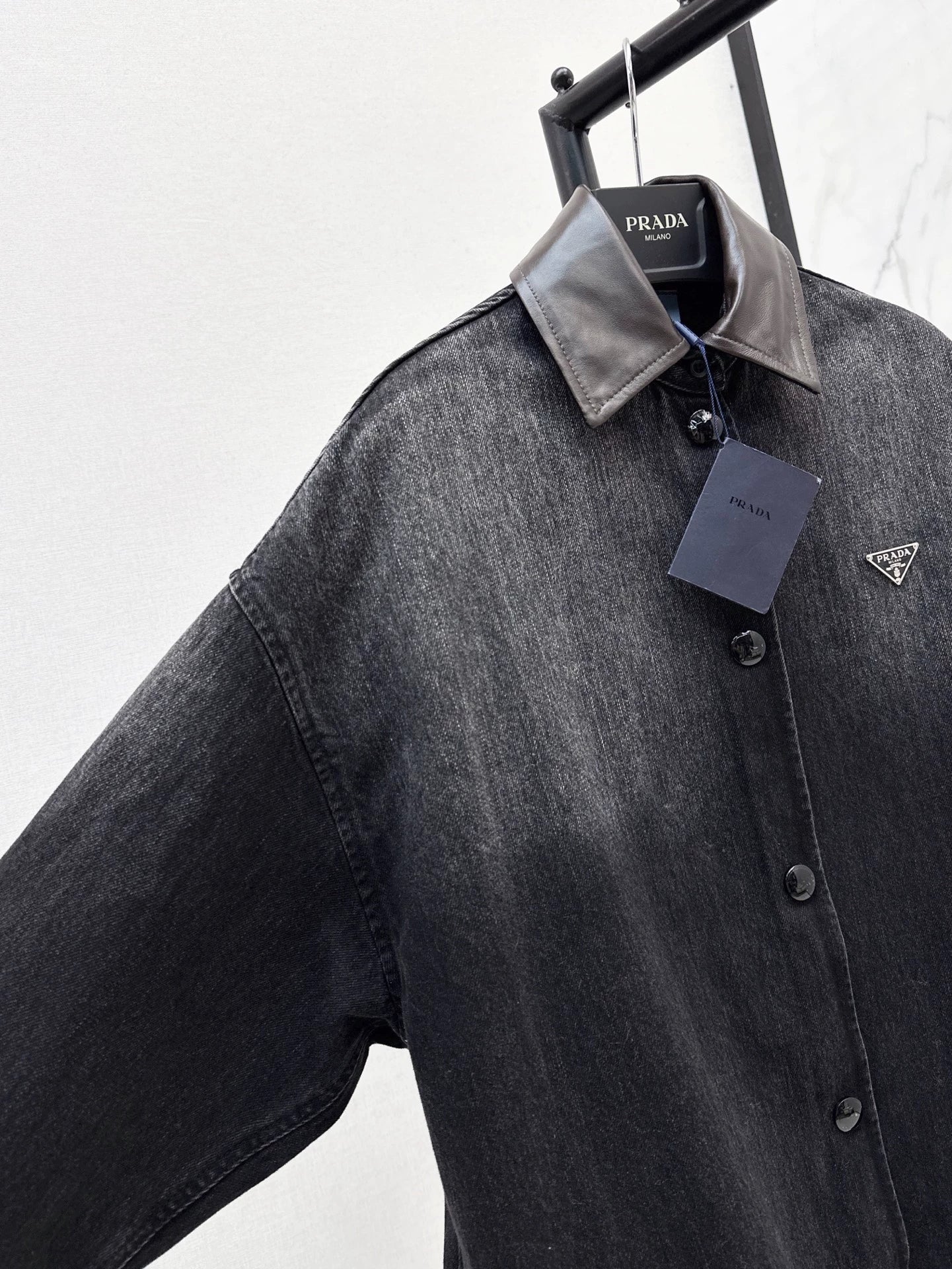 P 25 Long denim jacket and dress with leather lapels