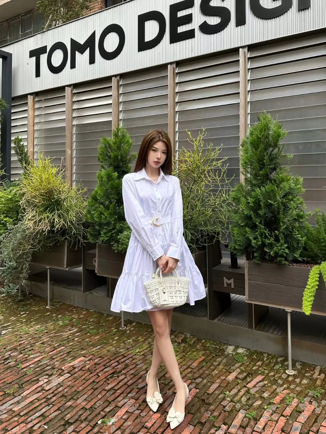 L 25 New Belted Single Breasted Lapel Long Sleeve Dress (Black & White)