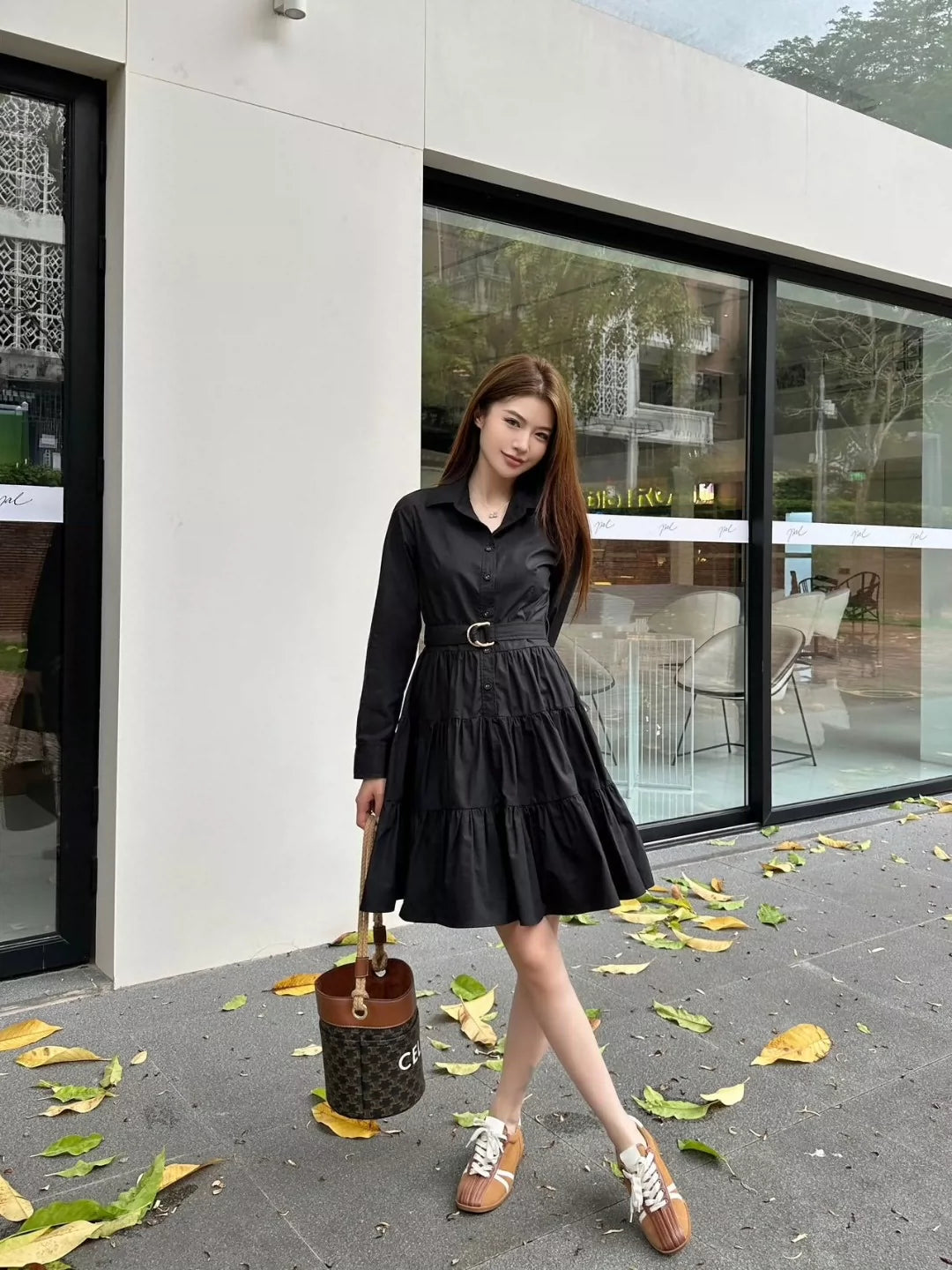 L 25 New Belted Single Breasted Lapel Long Sleeve Dress (Black & White)