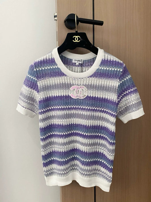 C 25 Nouveau tricot à manches courtes et col rond dégradé de couleurs