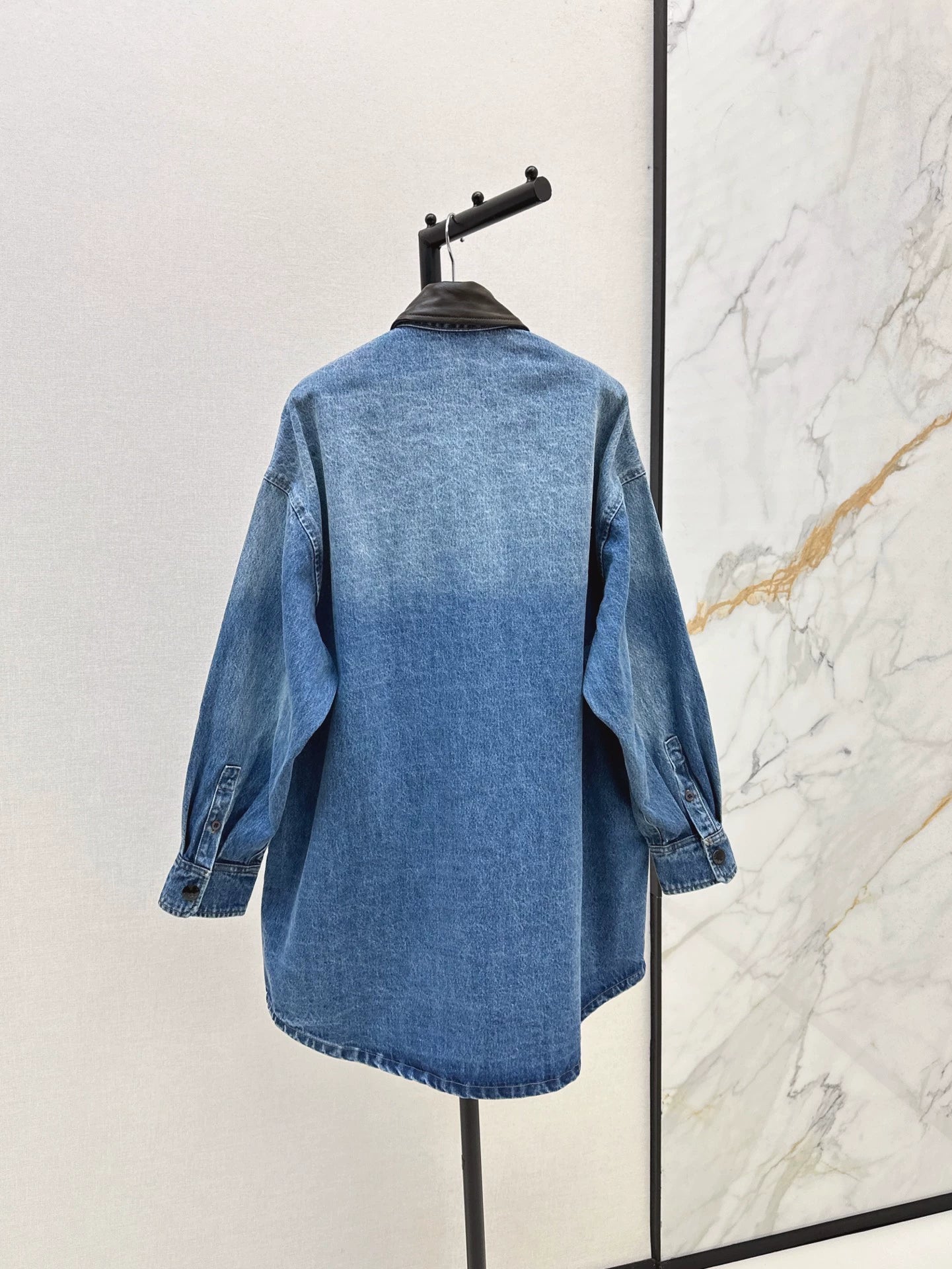 P 25 Long denim jacket and dress with leather lapels
