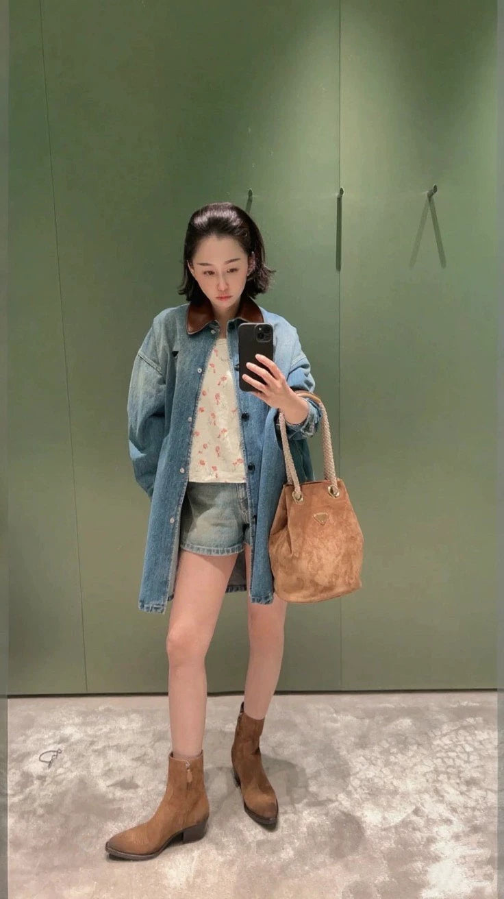 P 25 Long denim jacket and dress with leather lapels