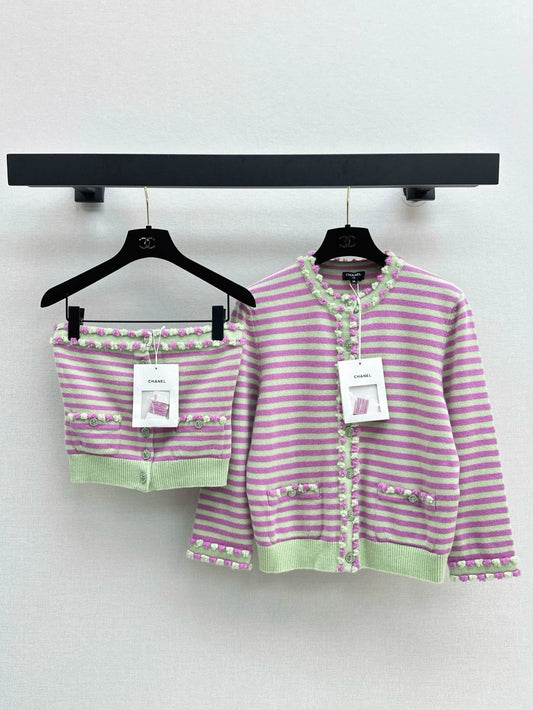 C 25 Printemps/Été Nouvel Été Ensemble Rayé Limité Fourreau + Cardigan