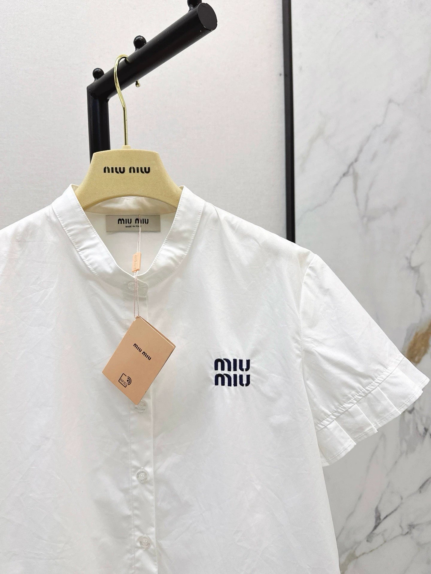 M 25 Spring/Summer Newest Letter Embroidery Small Pressed Ruffle Trimmed Short Shirt