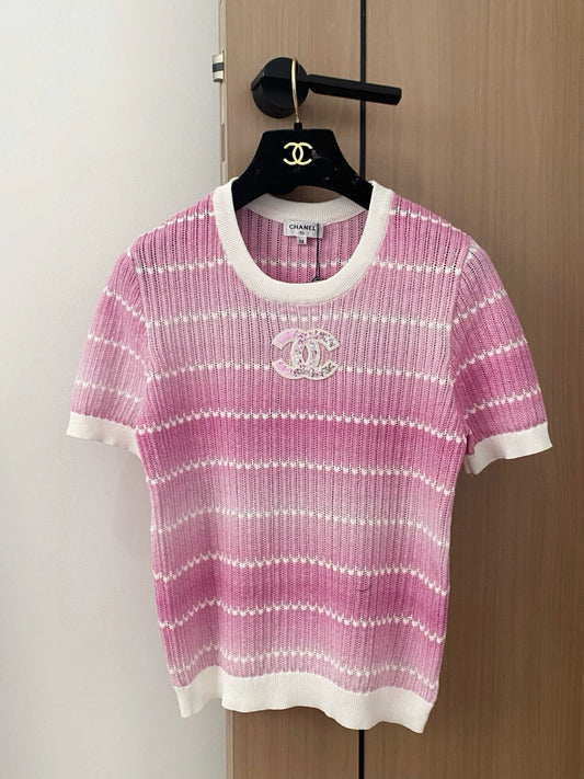 C 25 Nouveau tricot à manches courtes et col rond dégradé de couleurs