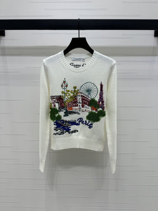 D 2025 Summer New Cityscape Embroidered Pullover Sweater