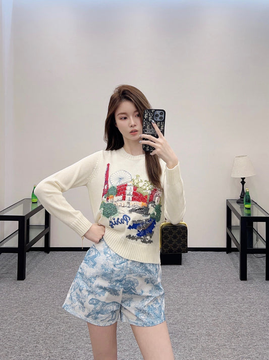 D 2025 Summer New Cityscape Embroidered Pullover Sweater