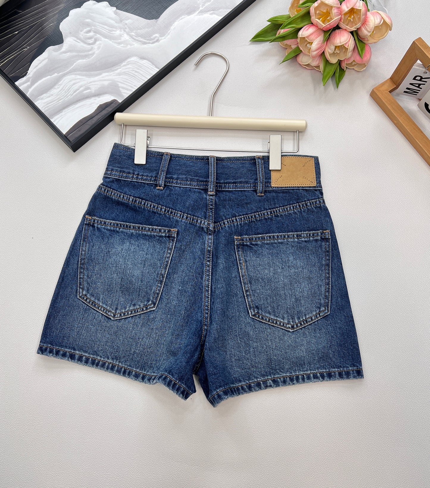 CE 25 summer new product blue high waist belt loop pocket decoration denim shorts