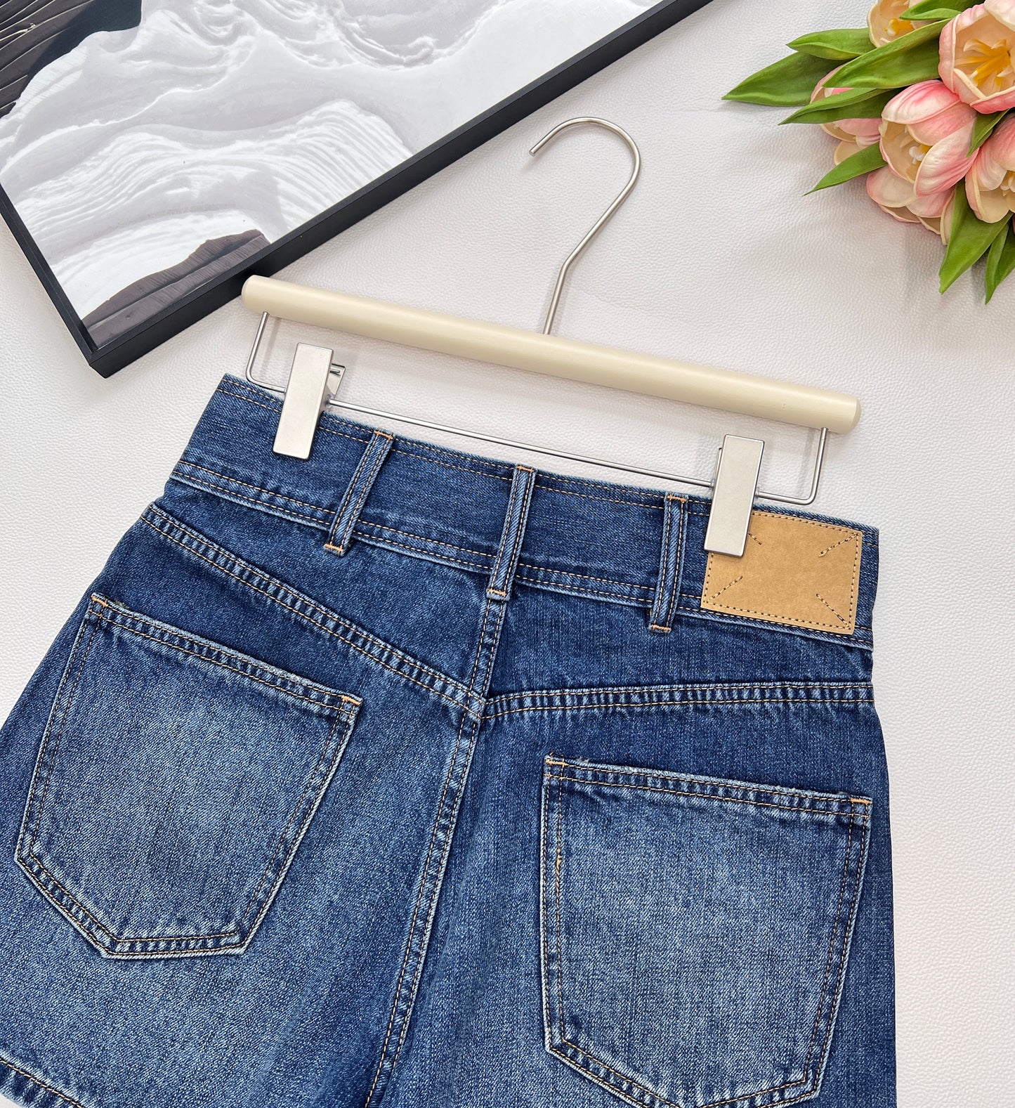 CE 25 summer new product blue high waist belt loop pocket decoration denim shorts