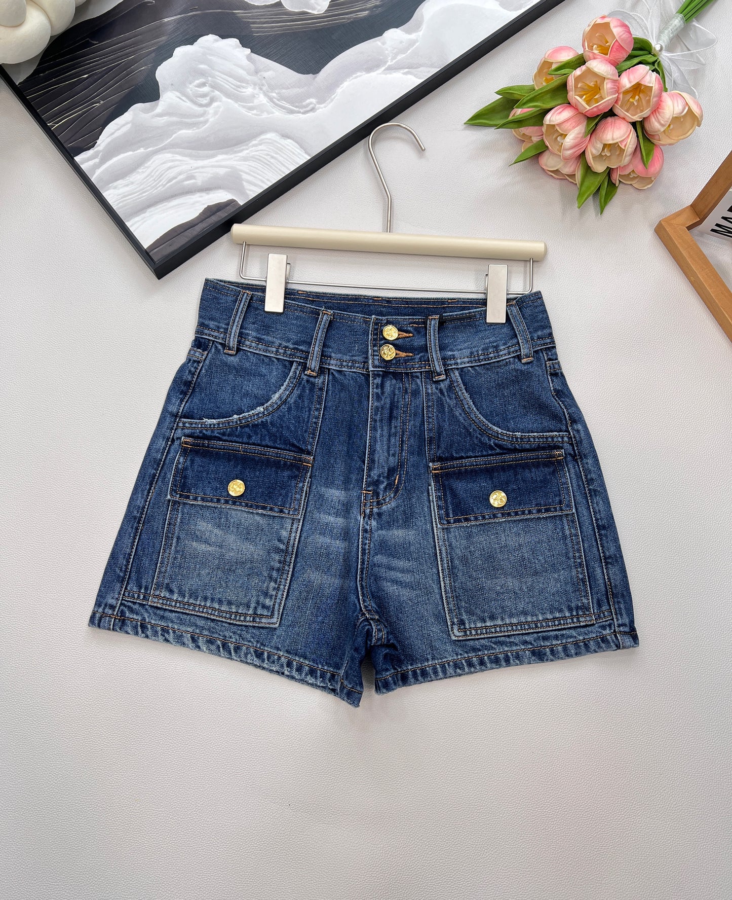 CE 25 summer new product blue high waist belt loop pocket decoration denim shorts