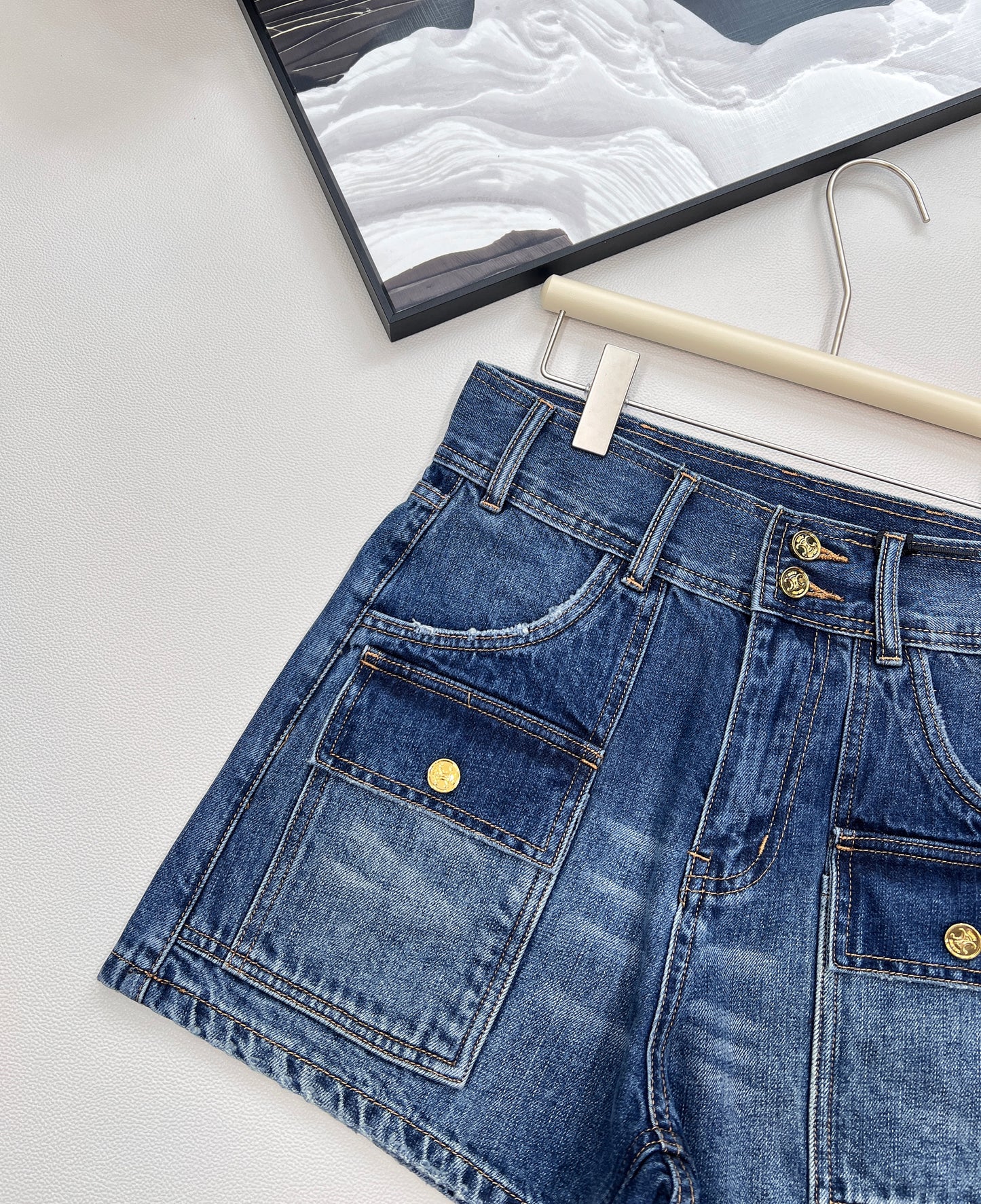 CE 25 summer new product blue high waist belt loop pocket decoration denim shorts