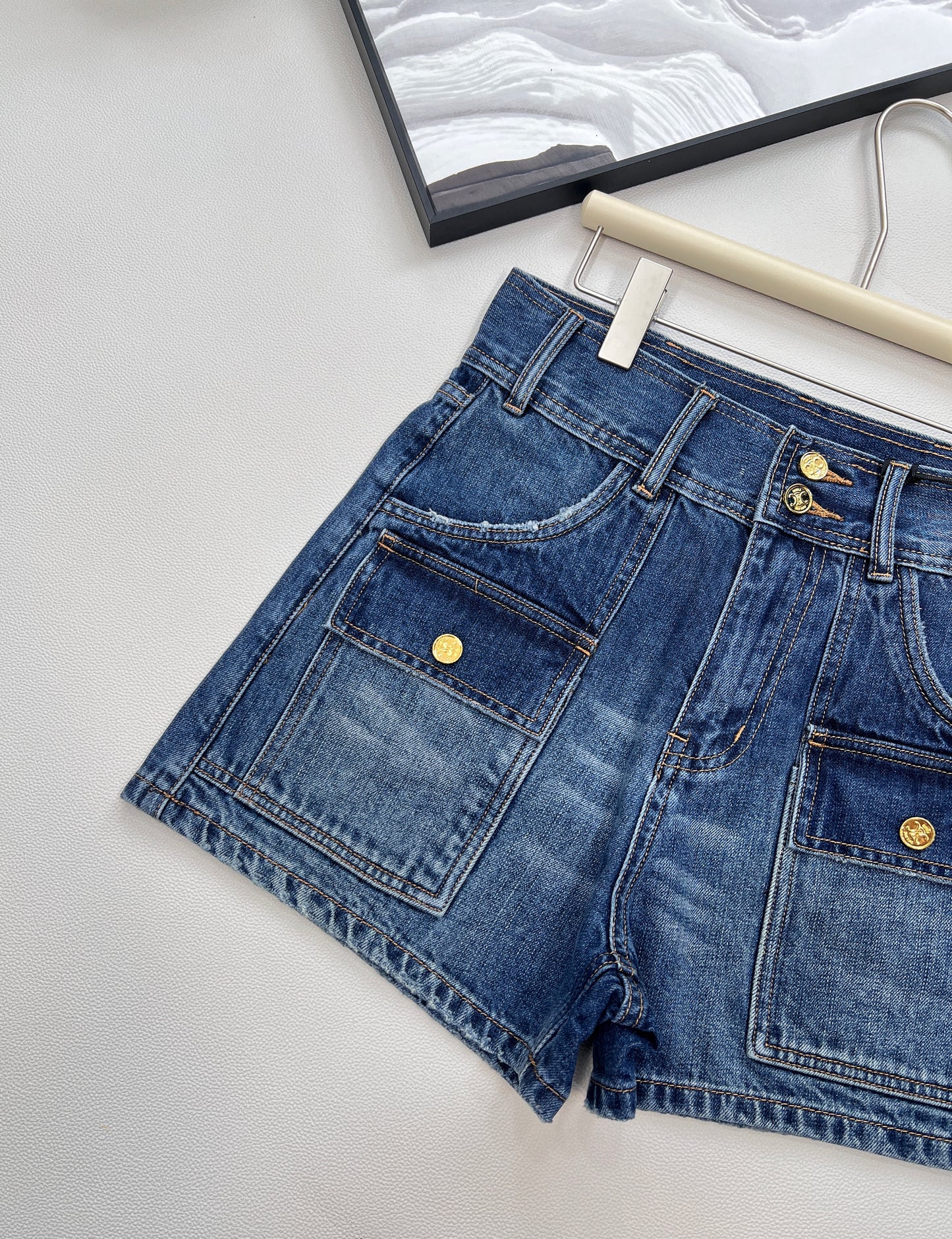 CE 25 summer new product blue high waist belt loop pocket decoration denim shorts
