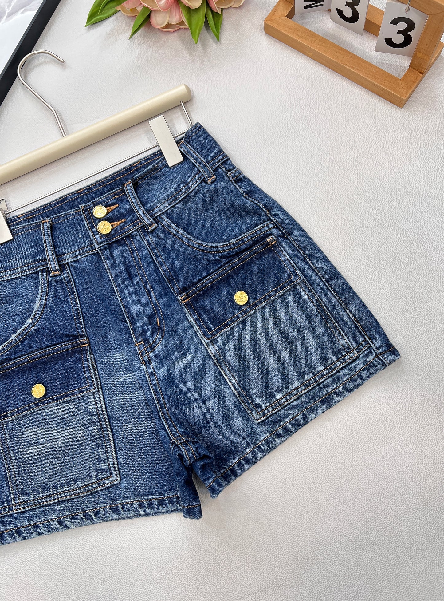 CE 25 summer new product blue high waist belt loop pocket decoration denim shorts