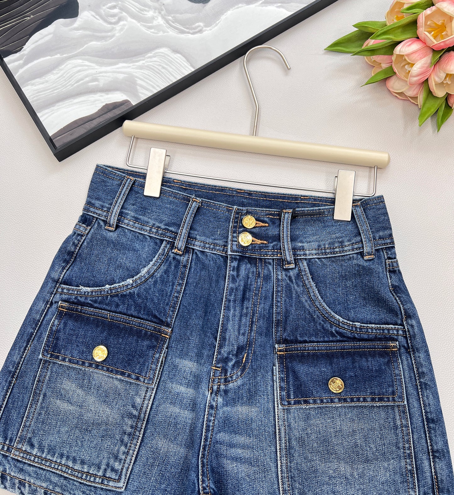 CE 25 summer new product blue high waist belt loop pocket decoration denim shorts