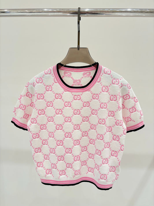 G 25 Hauts courts en tricot jacquard à col rond et double lettre G pour l'été