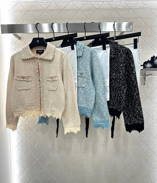 C 25 Cashmere wool blend embroidered lace knitted cardigan(BEIGI/BLUE/BLACK)