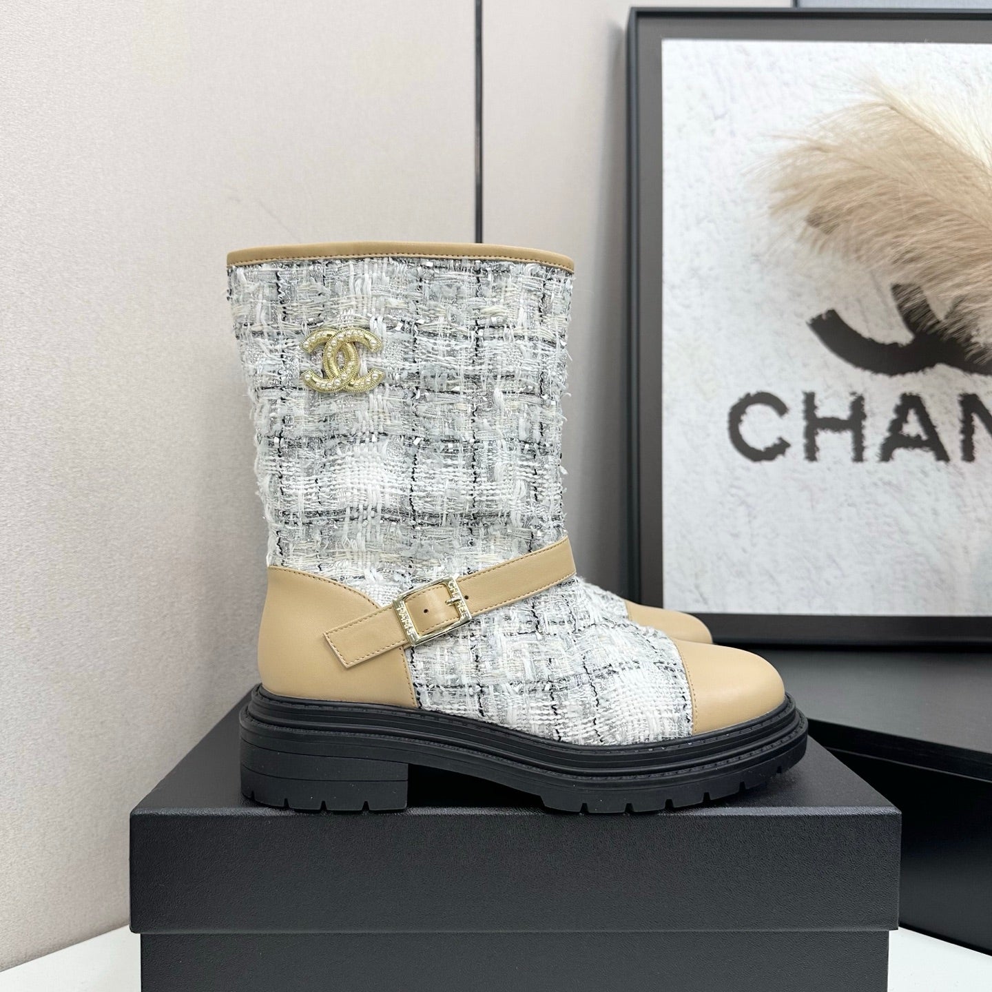 C 25 Cowhide and cloth lined mid calf boots(WHITE/BLACK/YELLOW)