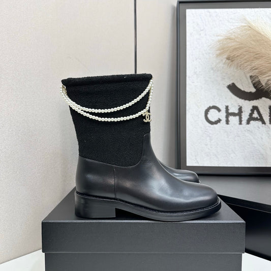 C 25 Pearl necklace decoration, thick soled short boots(GRAY/BLACK)
