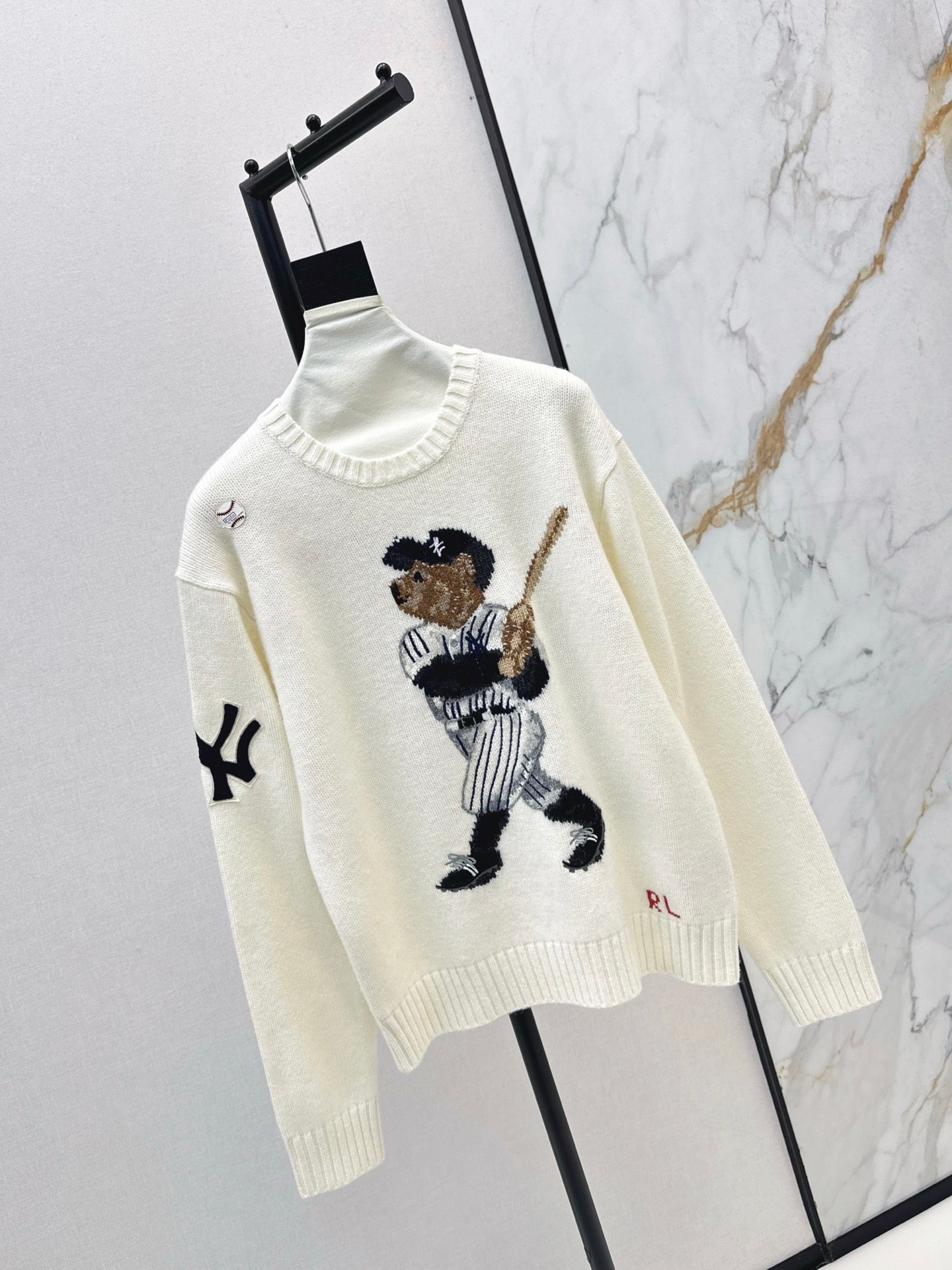 Ral 25 New joint baseball bear wool sweater(WHITE/NAVY)