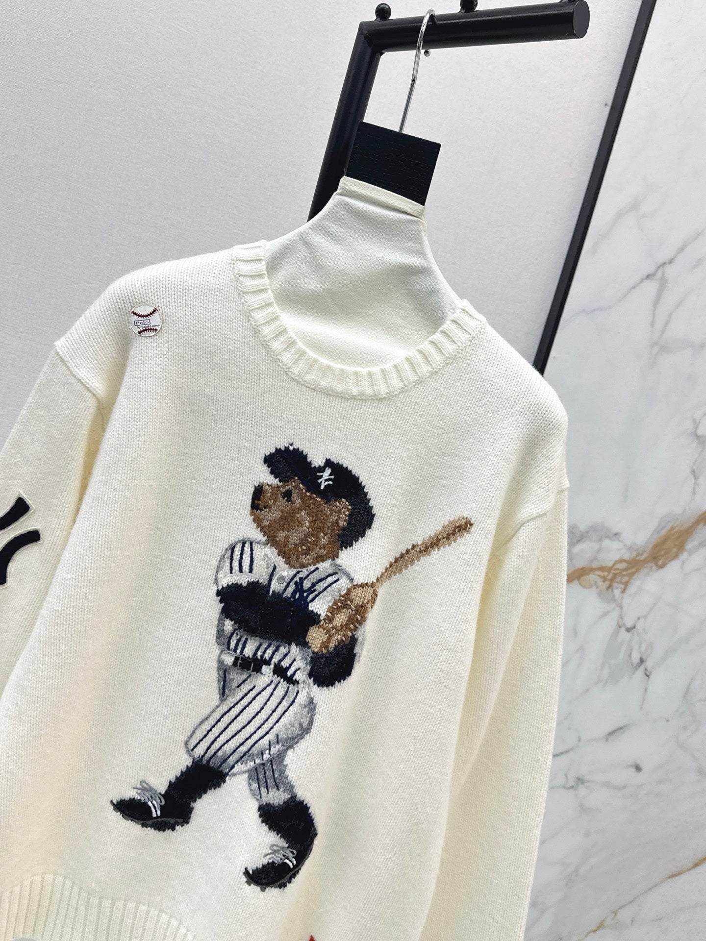 Ral 25 New joint baseball bear wool sweater(WHITE/NAVY)