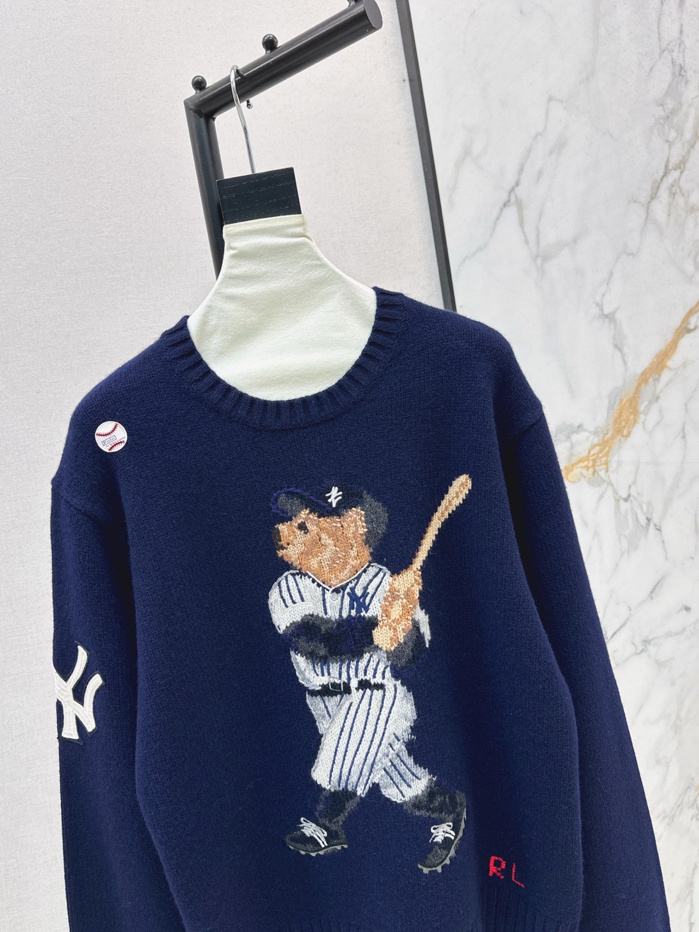 Ral 25 New joint baseball bear wool sweater(WHITE/NAVY)