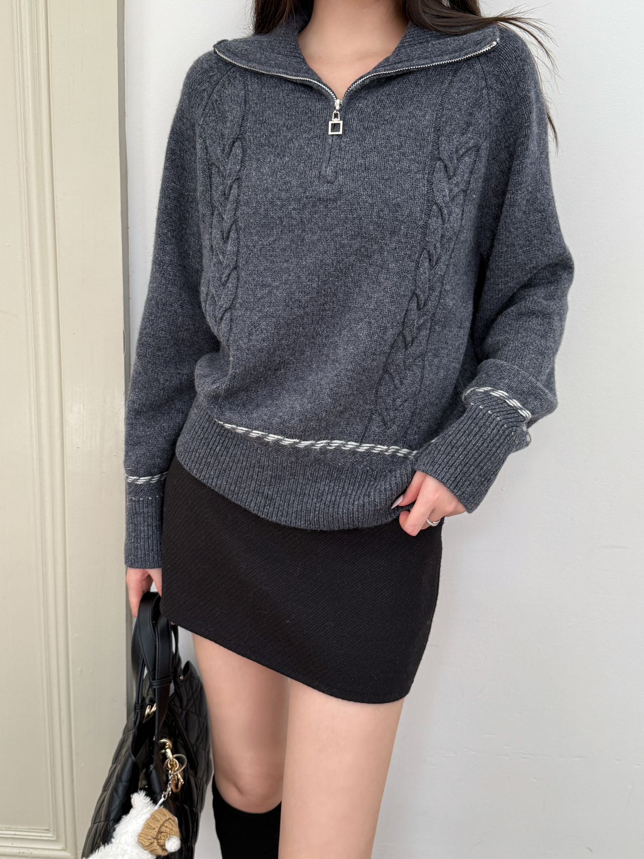 Lor 25 New style cable-knit half-open wool sweater(BEIGI/BORWN/GRAY)