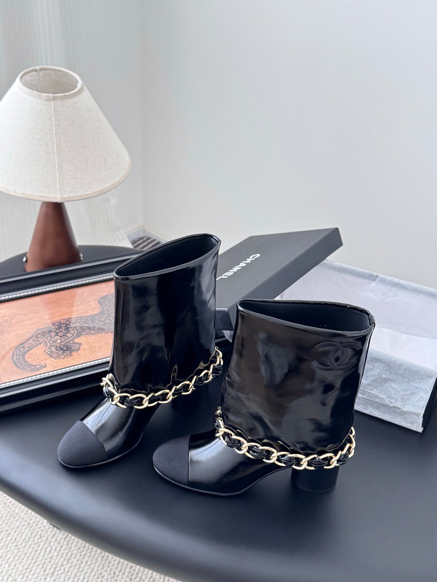 C 25K New chain mid-cut knight boots(Black/Glossy Black)