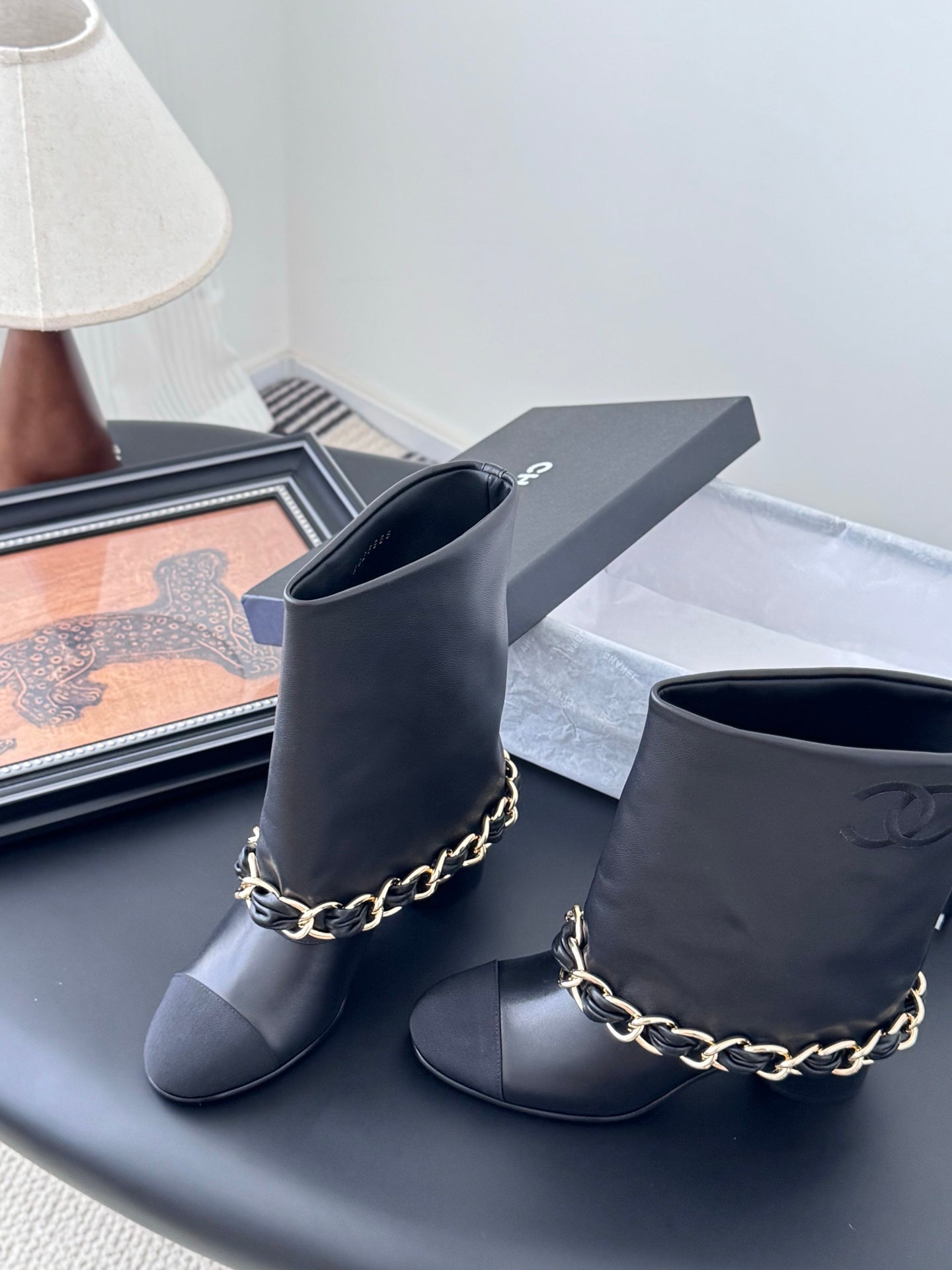 C 25K New chain mid-cut knight boots(Black/Glossy Black)