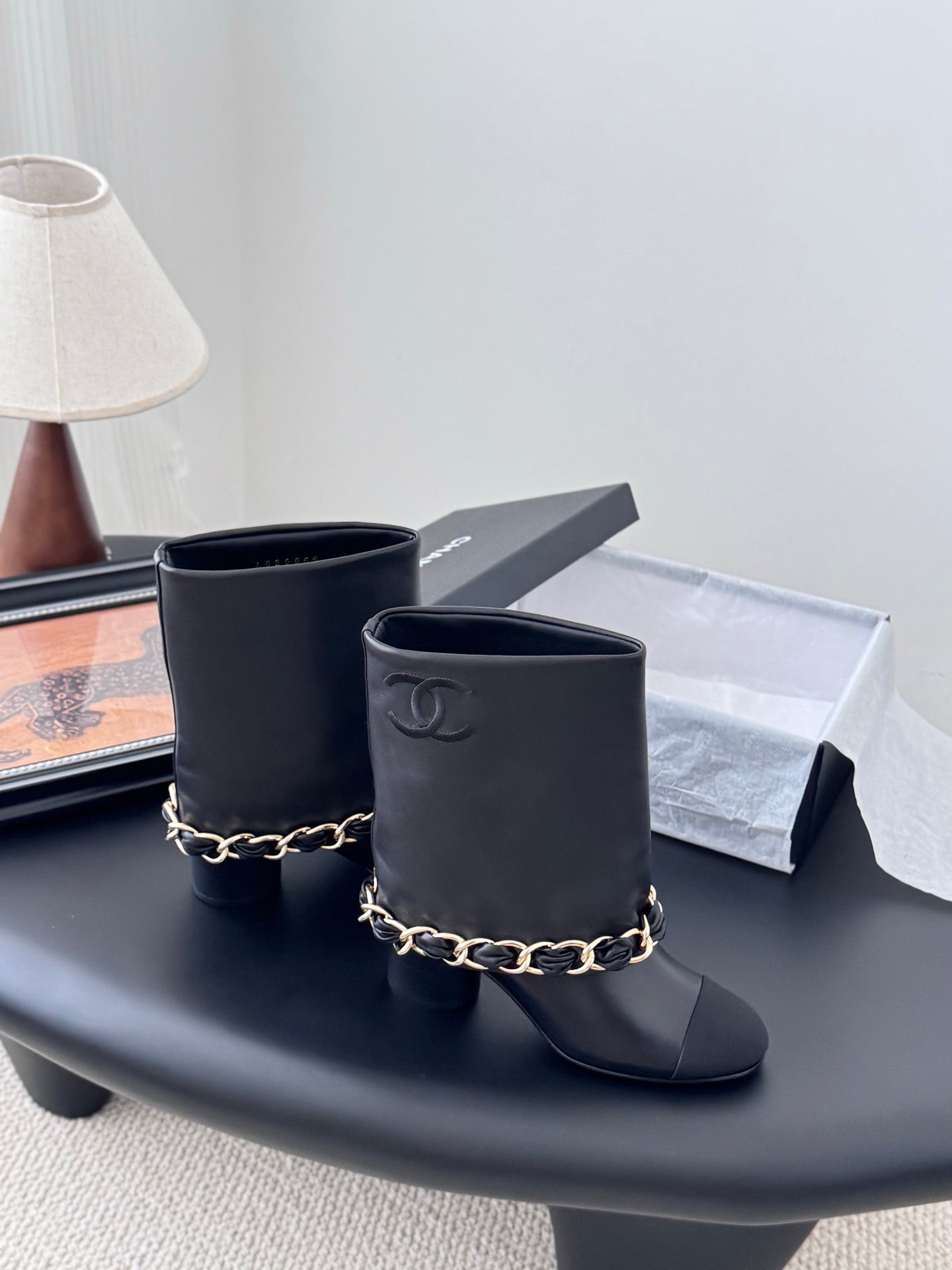 C 25K New chain mid-cut knight boots(Black/Glossy Black)