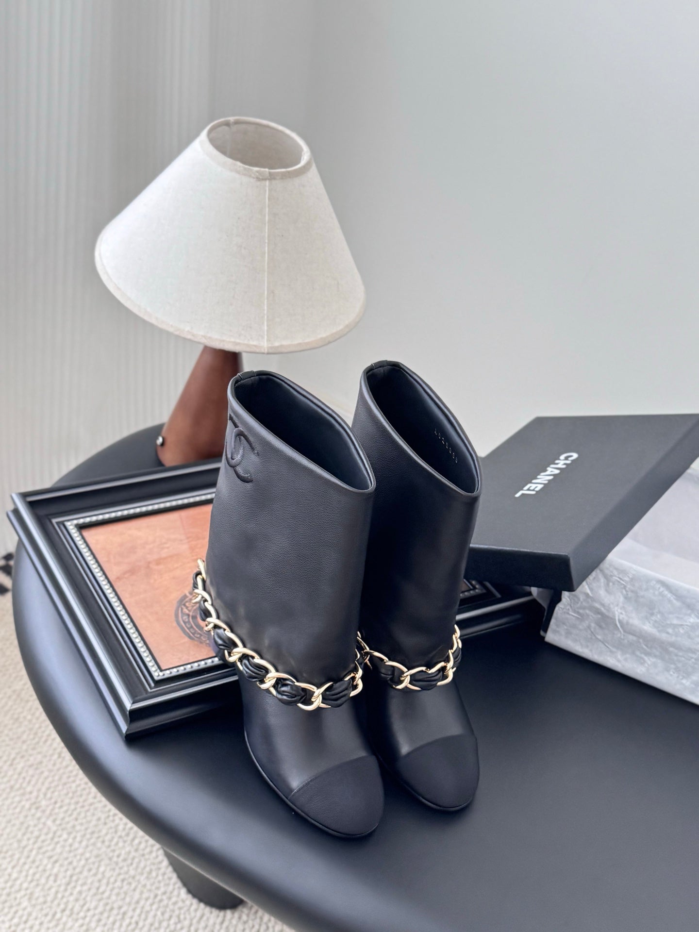 C 25K New chain mid-cut knight boots(Black/Glossy Black)