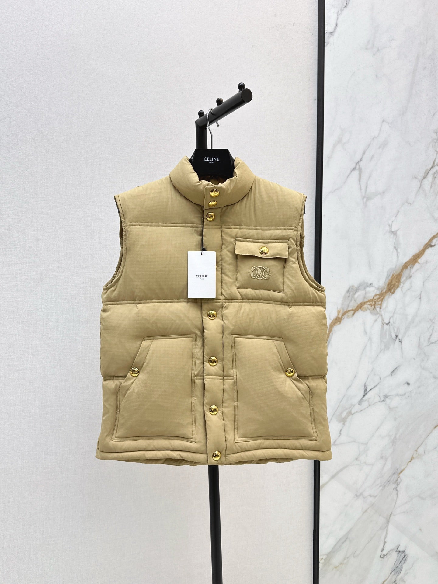 Ce 25 Stand-up collar down vest with embroidered pockets(KHAKI/BRWON/GREEN)