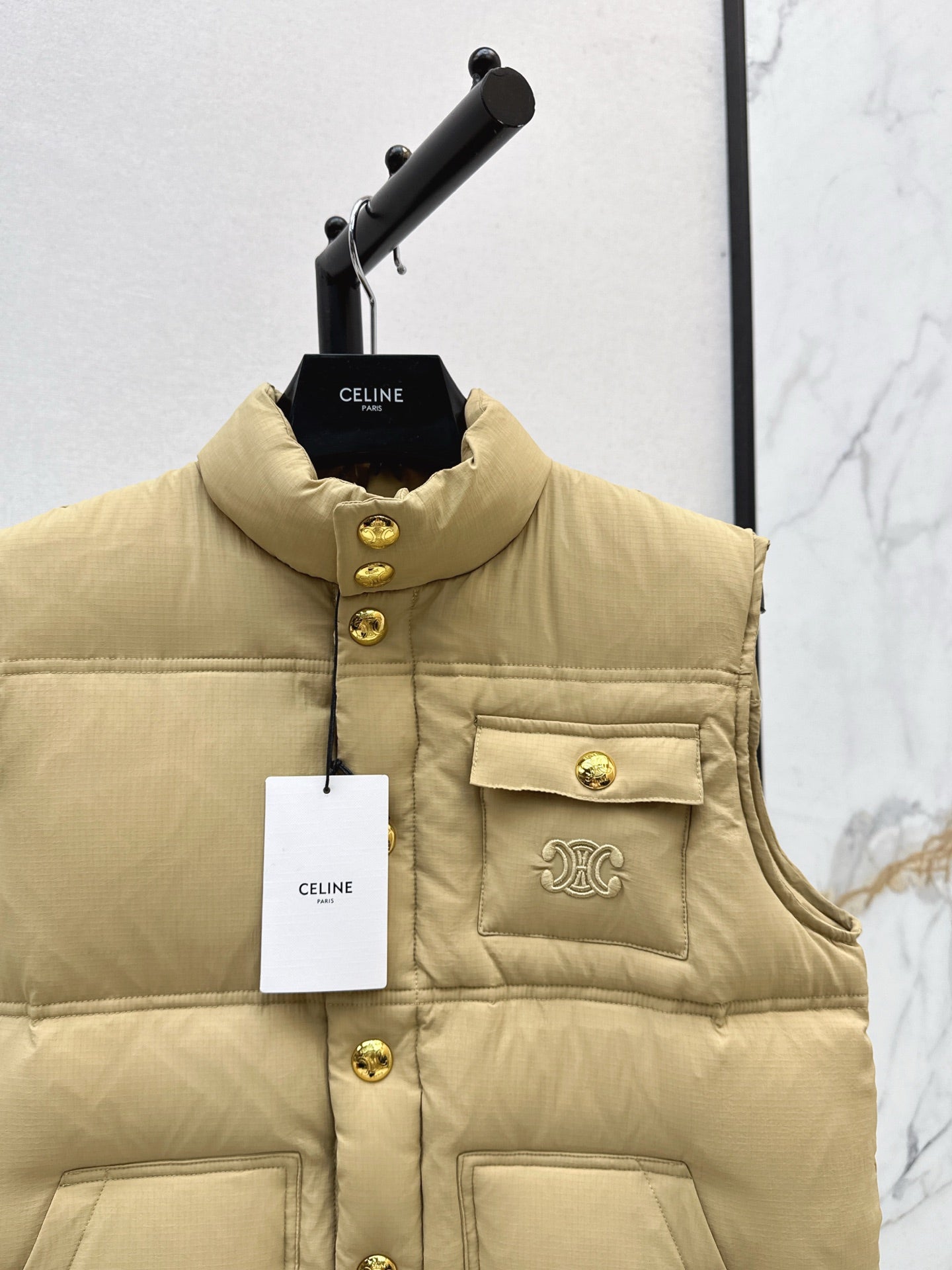 Ce 25 Stand-up collar down vest with embroidered pockets(KHAKI/BRWON/GREEN)
