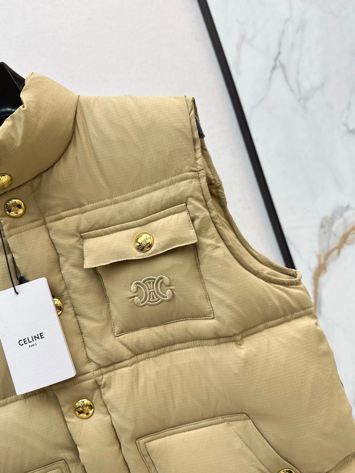 Ce 25 Stand-up collar down vest with embroidered pockets(KHAKI/BRWON/GREEN)