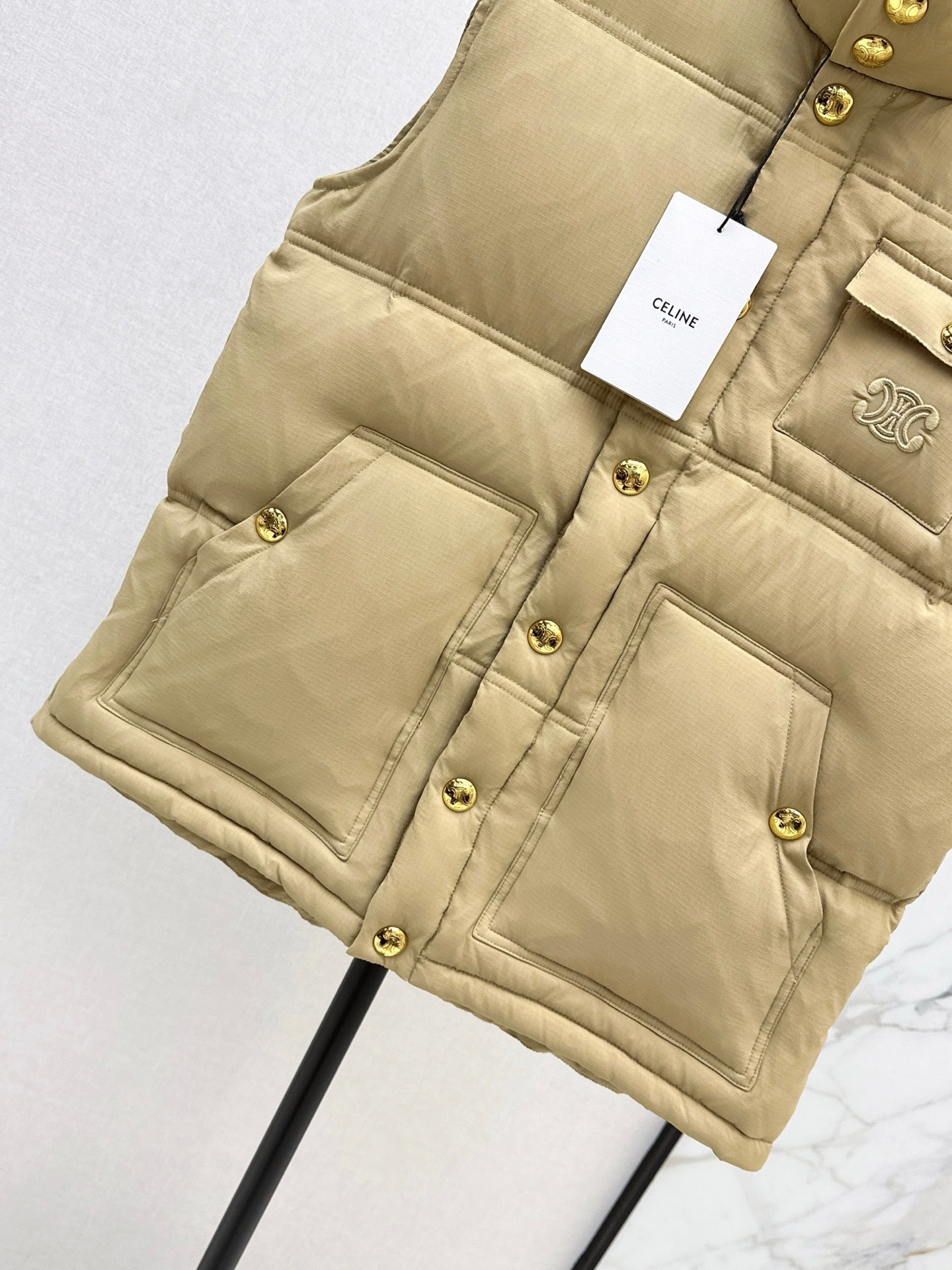 Ce 25 Stand-up collar down vest with embroidered pockets(KHAKI/BRWON/GREEN)