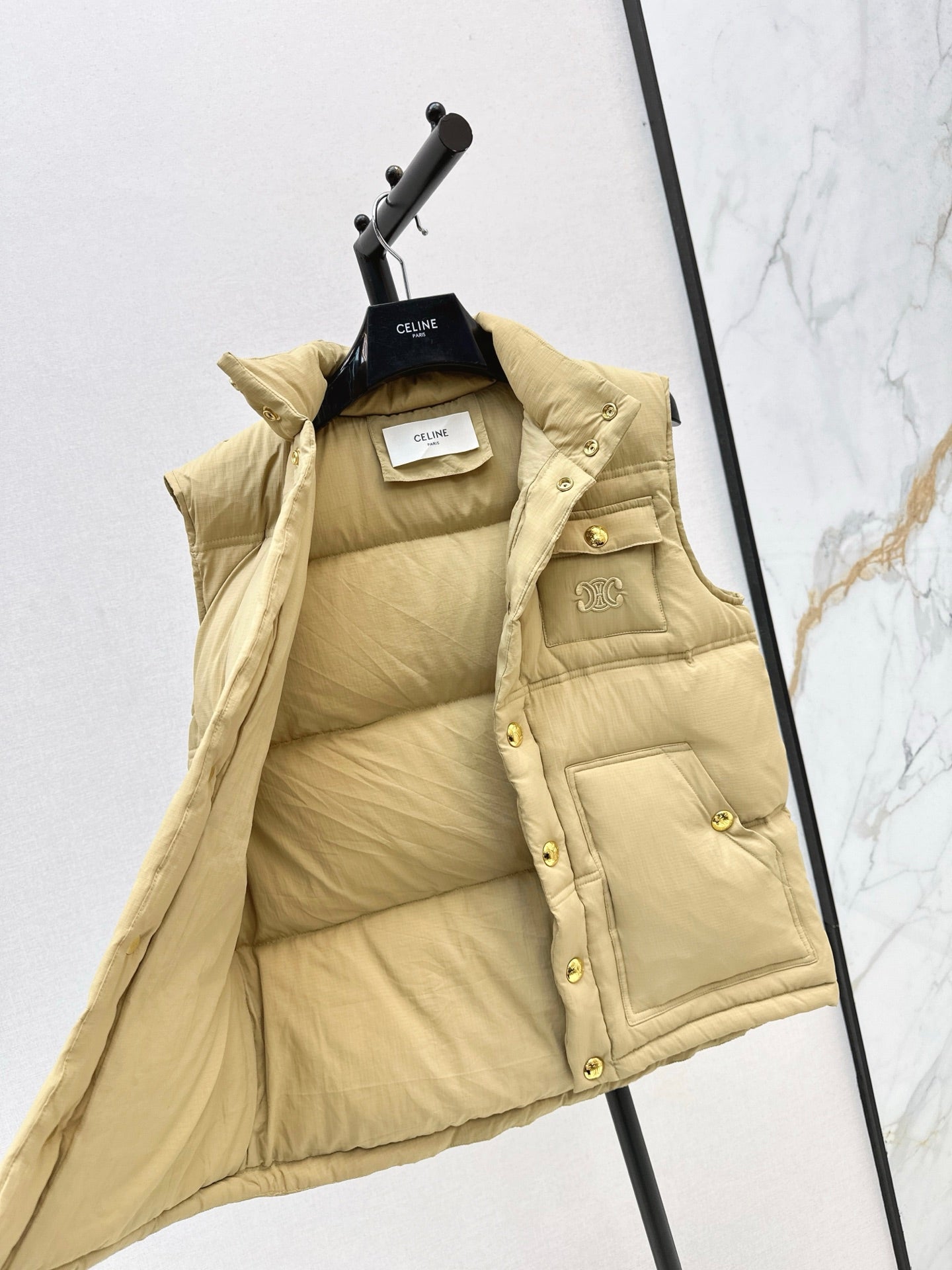 Ce 25 Stand-up collar down vest with embroidered pockets(KHAKI/BRWON/GREEN)