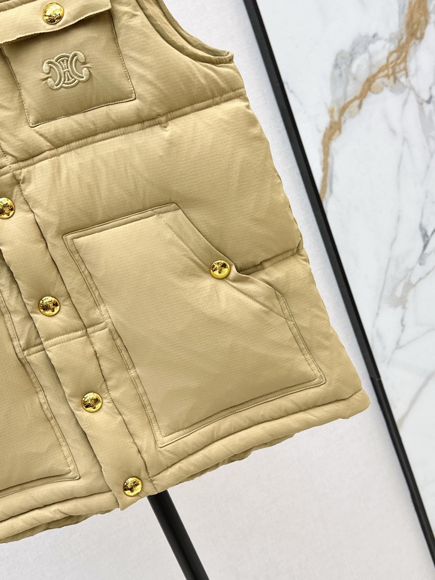 Ce 25 Stand-up collar down vest with embroidered pockets(KHAKI/BRWON/GREEN)