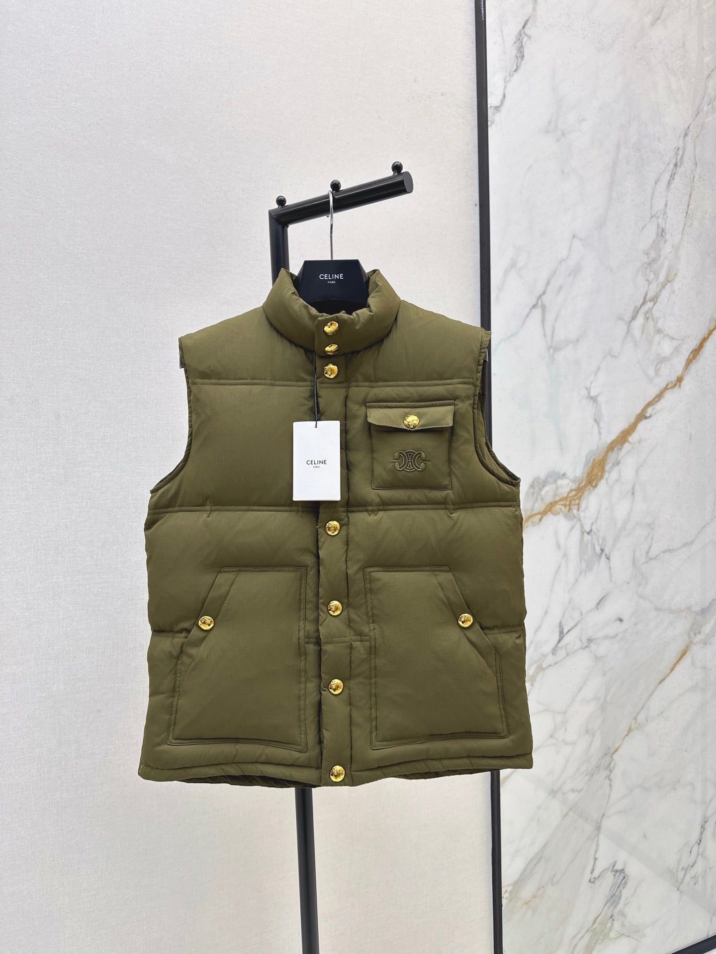 Ce 25 Stand-up collar down vest with embroidered pockets(KHAKI/BRWON/GREEN)