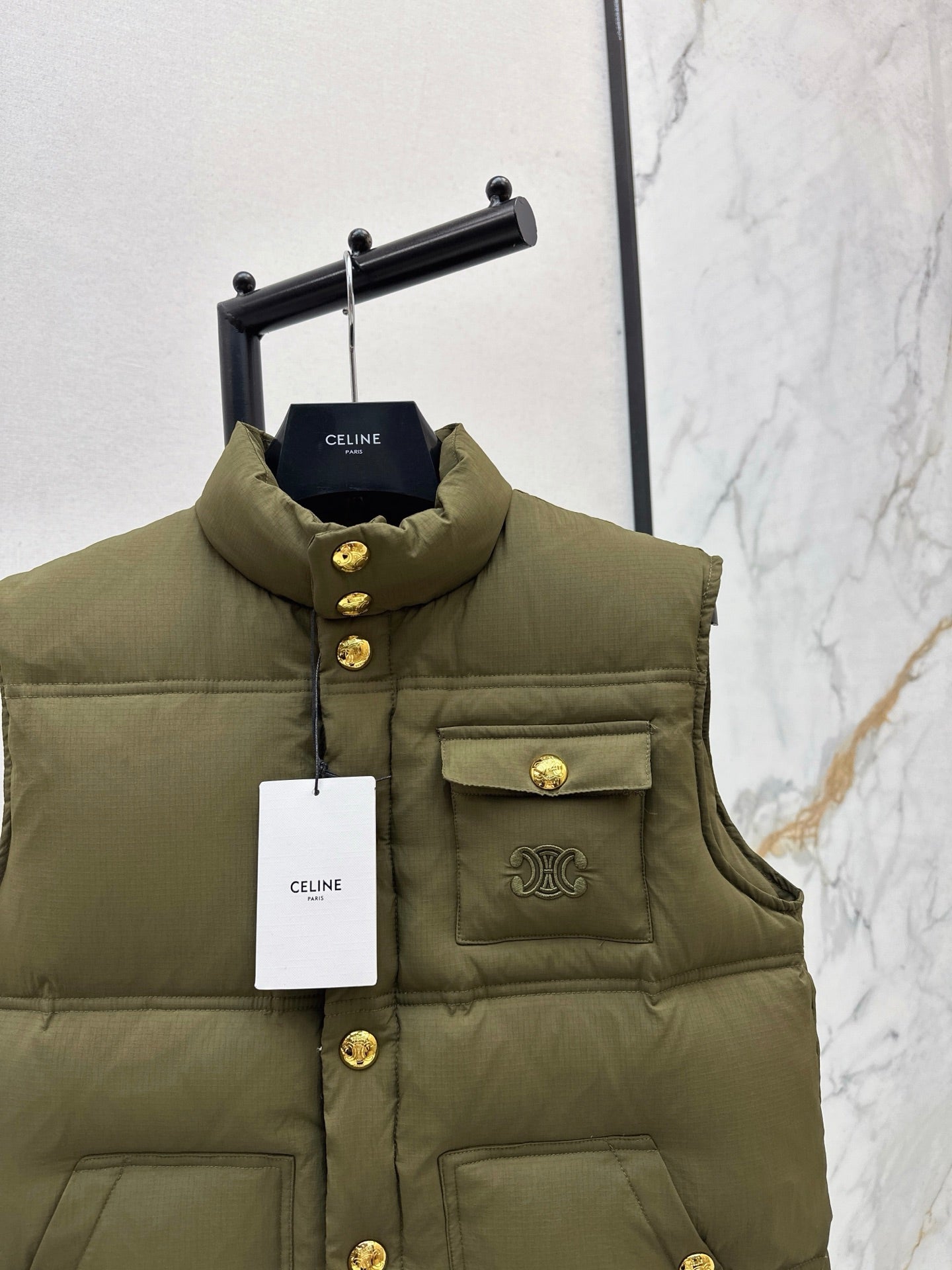 Ce 25 Stand-up collar down vest with embroidered pockets(KHAKI/BRWON/GREEN)