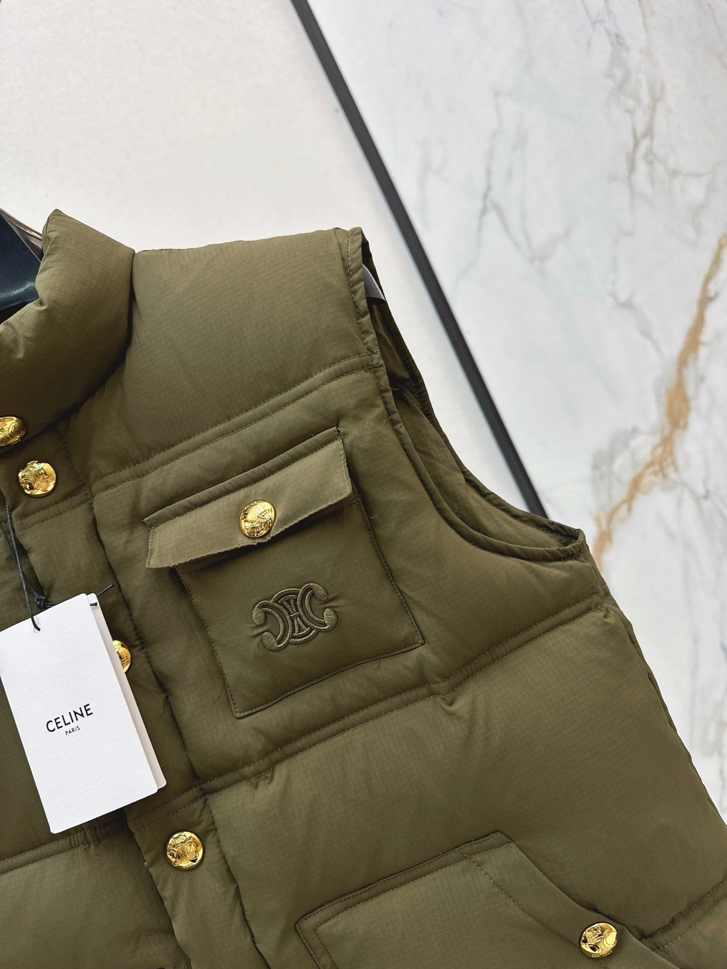 Ce 25 Stand-up collar down vest with embroidered pockets(KHAKI/BRWON/GREEN)