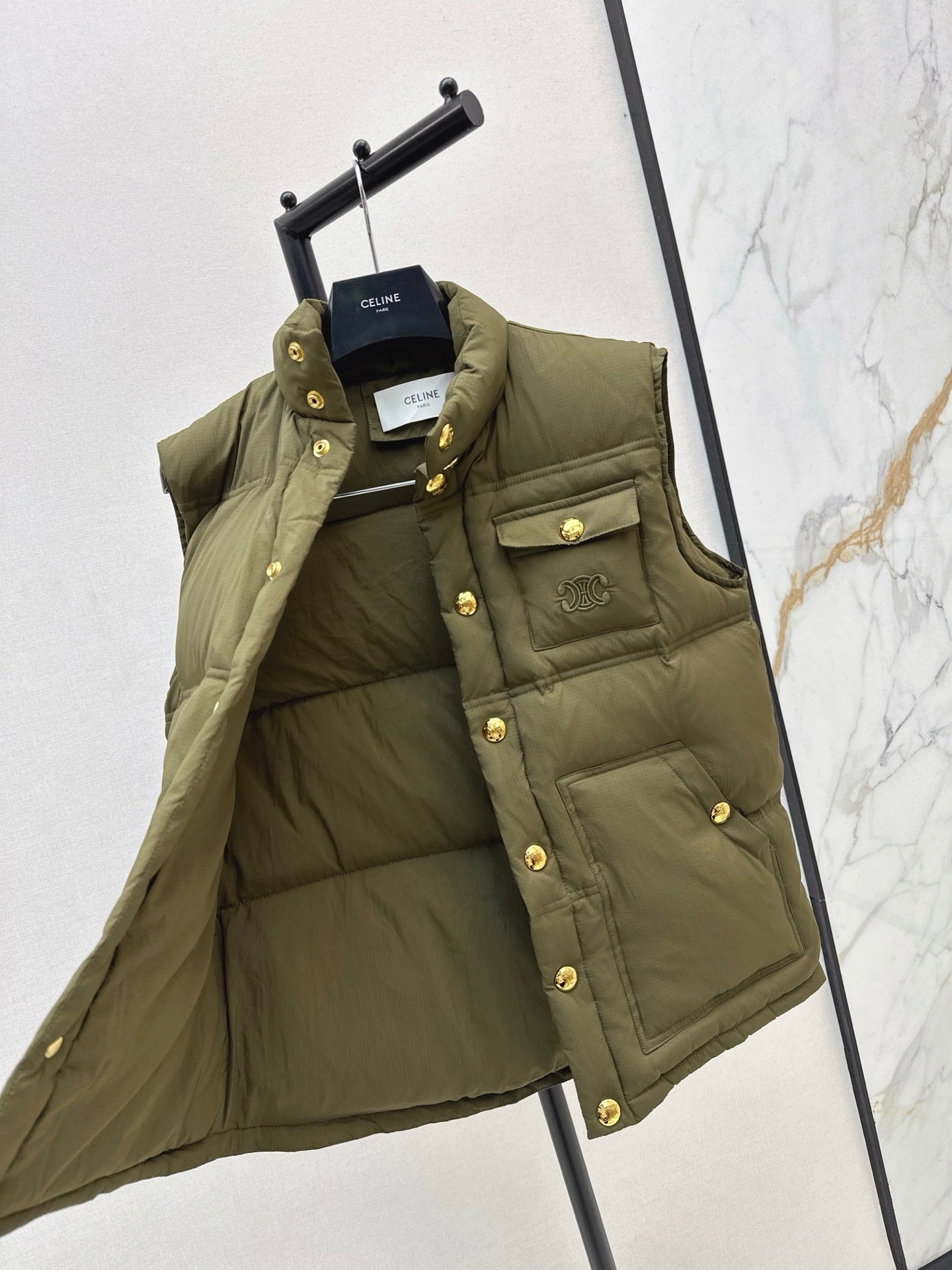 Ce 25 Stand-up collar down vest with embroidered pockets(KHAKI/BRWON/GREEN)