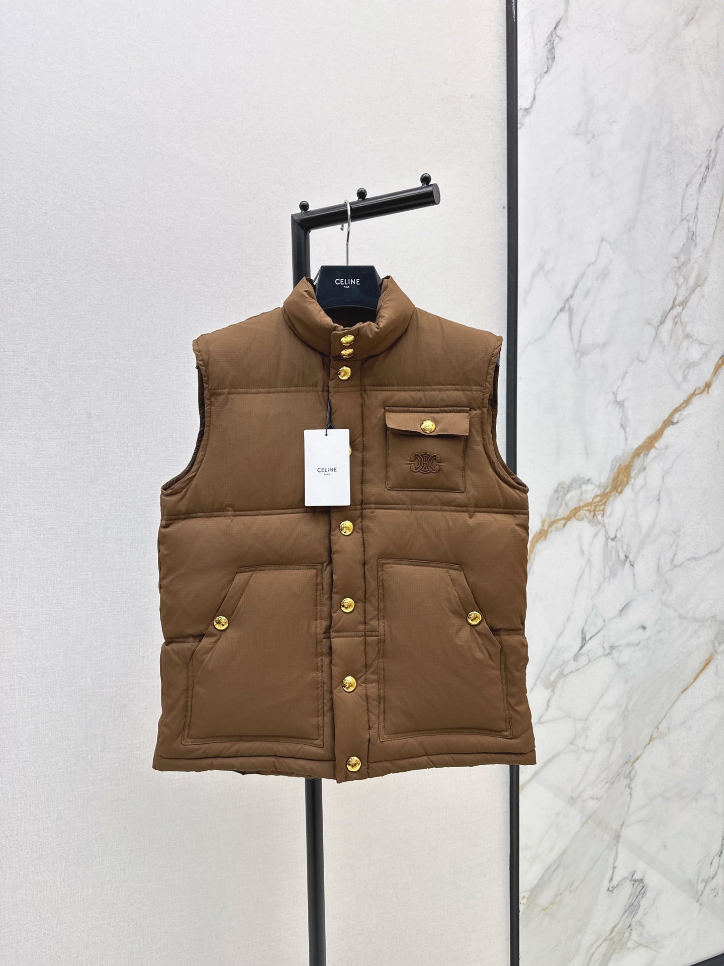 Ce 25 Stand-up collar down vest with embroidered pockets(KHAKI/BRWON/GREEN)