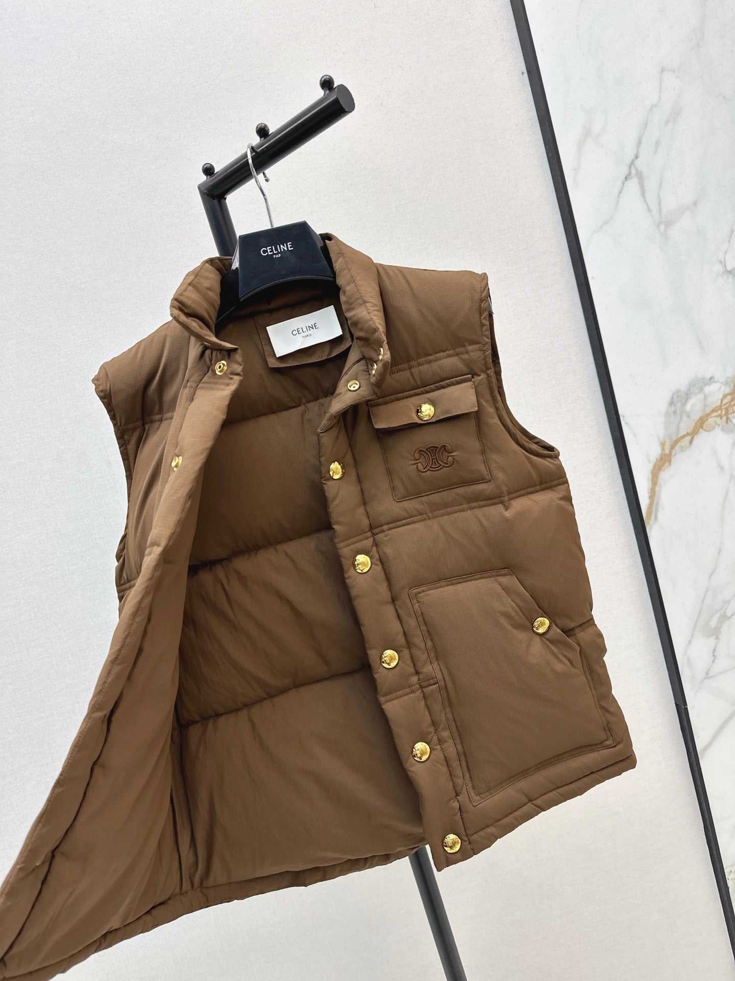 Ce 25 Stand-up collar down vest with embroidered pockets(KHAKI/BRWON/GREEN)