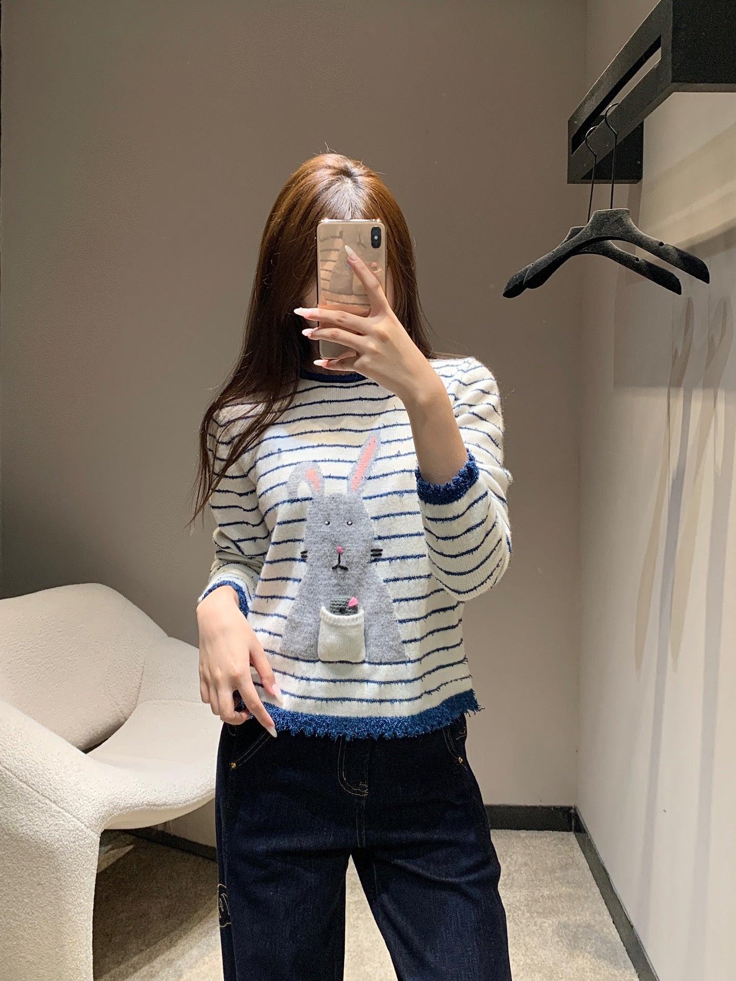 C 25B New Cute Rabbit Jacquard Striped Knitted Sweater Advanced Handicraft Series