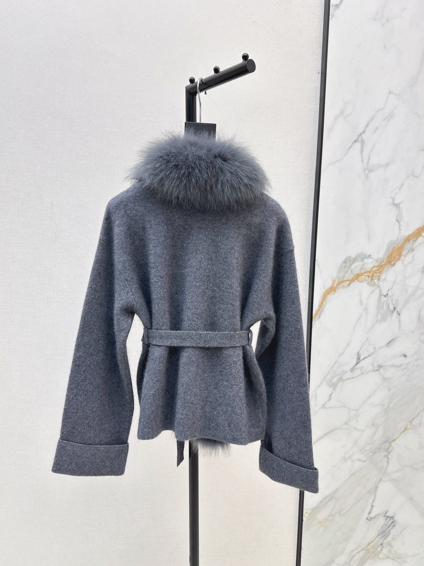 Fen 25 New Fox Fur Trimmed Knitted Jacket(BROWN/WHITE/GRAY)